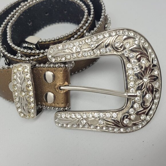 Leather Bronze Fleur De Lis Western Rhinestone Belt - Picture 2 of 15